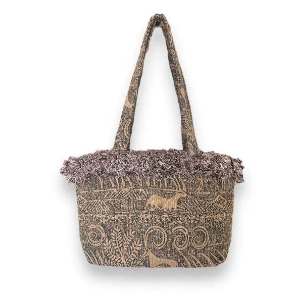 Snooksacks Handbags - Vintage Snooksacks Tribal Animal Tapestry Fringe Trim Shoulder Bag Beige Boho